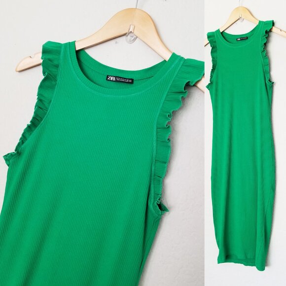 Zara Frill Ruffle Ribbed Knit Midi Dress Bodycon Kelly Green Size S  0962/629 - Picture 4 of 13